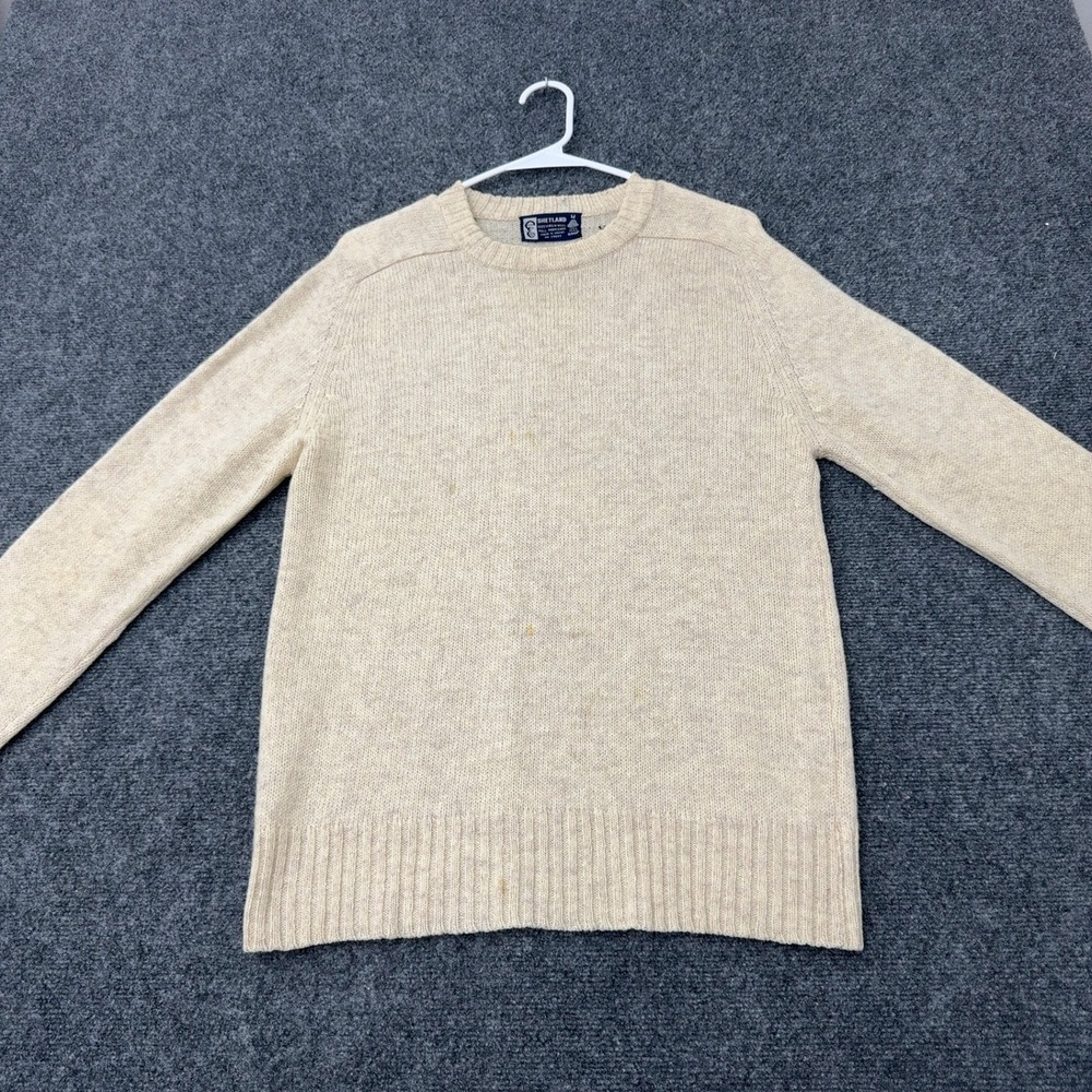 Vintage Shetland Sweater Mens M Beige Virgin Wool Crewneck Knit Classic Preppy
